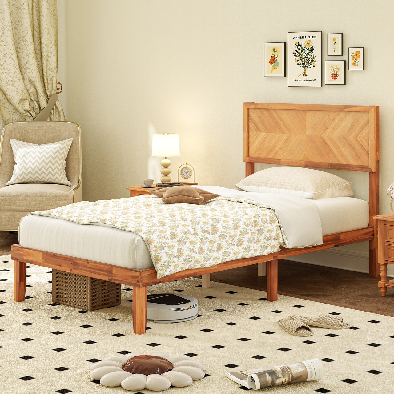 Rustic Golden Brown Acacia Wood MDF Platform Bed Frame with Headboard and Under-Bed Storage